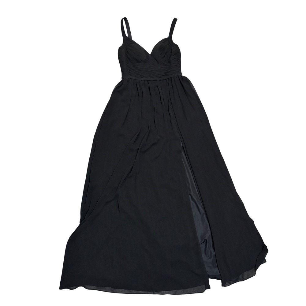 Azazie Maxi Dress Women A6 Black Excellent Ruched Chiffon Formal Gown Slit‎
